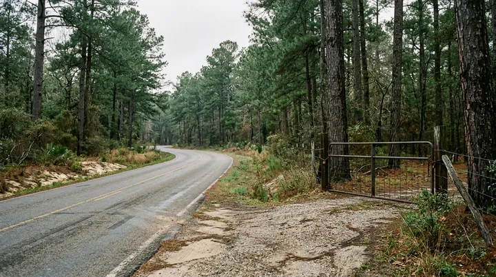 A two-lane road curving through tall loblolly pines near Bastrop