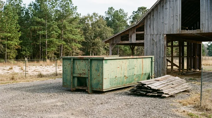 A faded green roll-off container on a gravel drive beside an old wooden barn