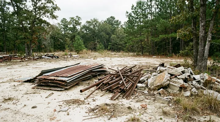 Separate piles of rusted tin roofing, scrap steel, and broken concrete on a cleared lot